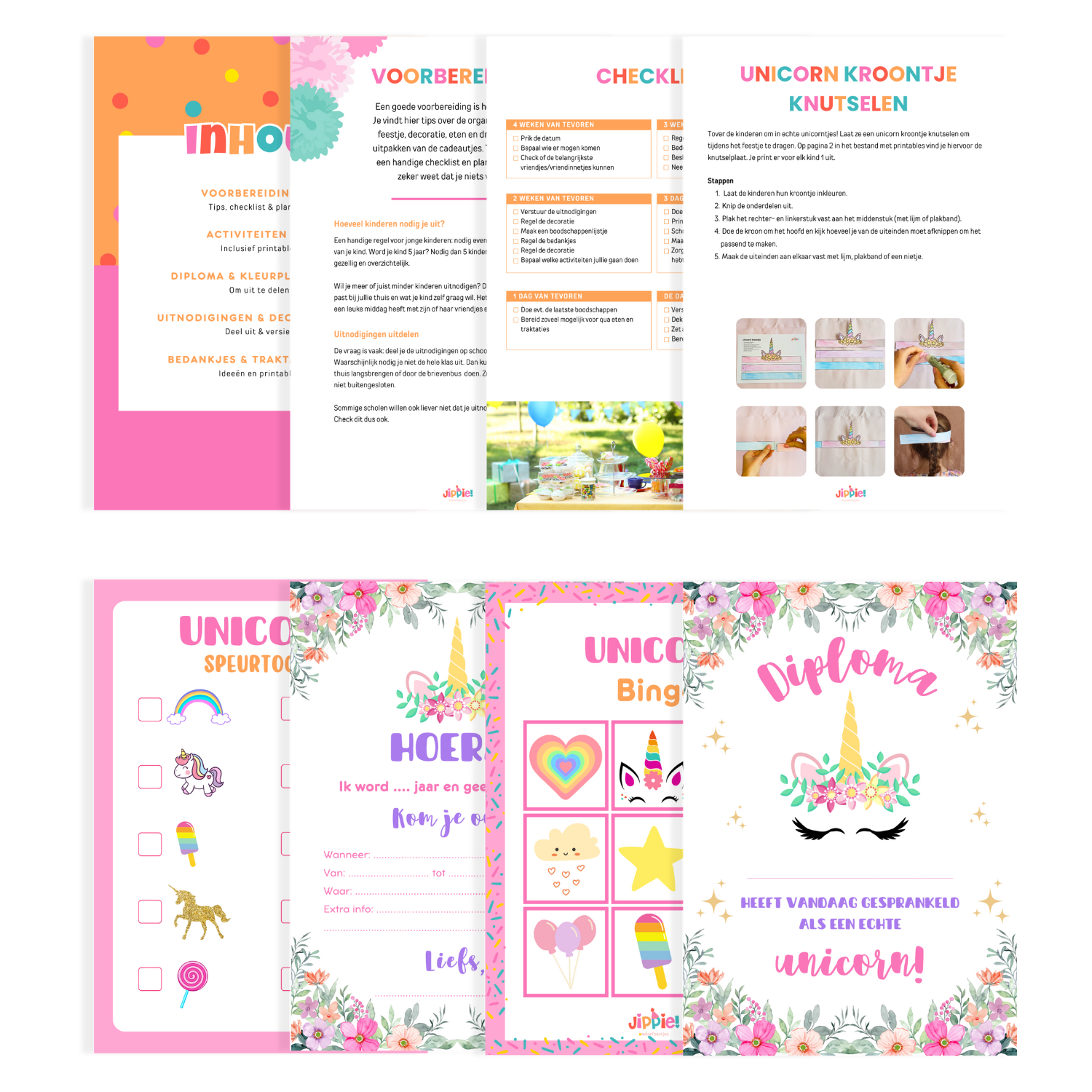 8 pagina's uit draaiboek kinderfeestje Unicorn eenhoorn
