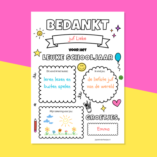 Invul bedankje juf/meester - Printable