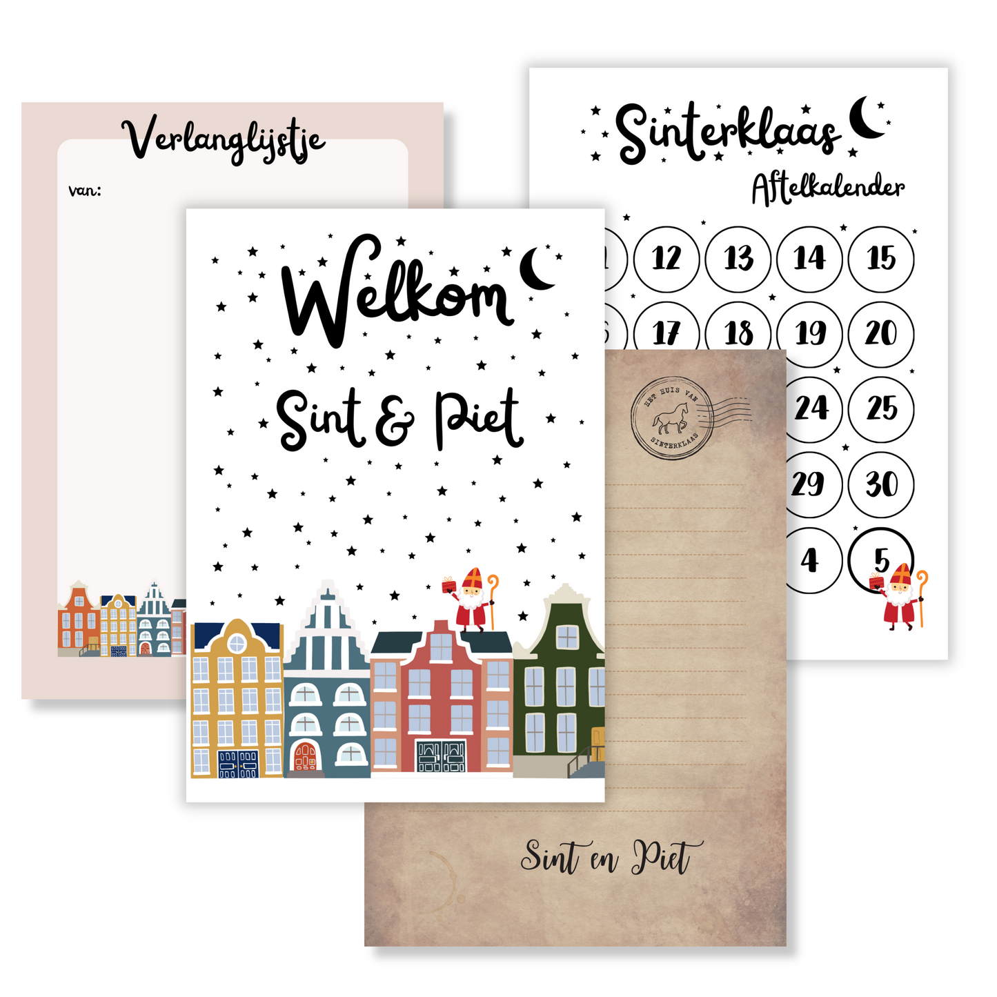 Verlanglijstje, briefpapier, welkomstposter en aftelkalender sinterklaas