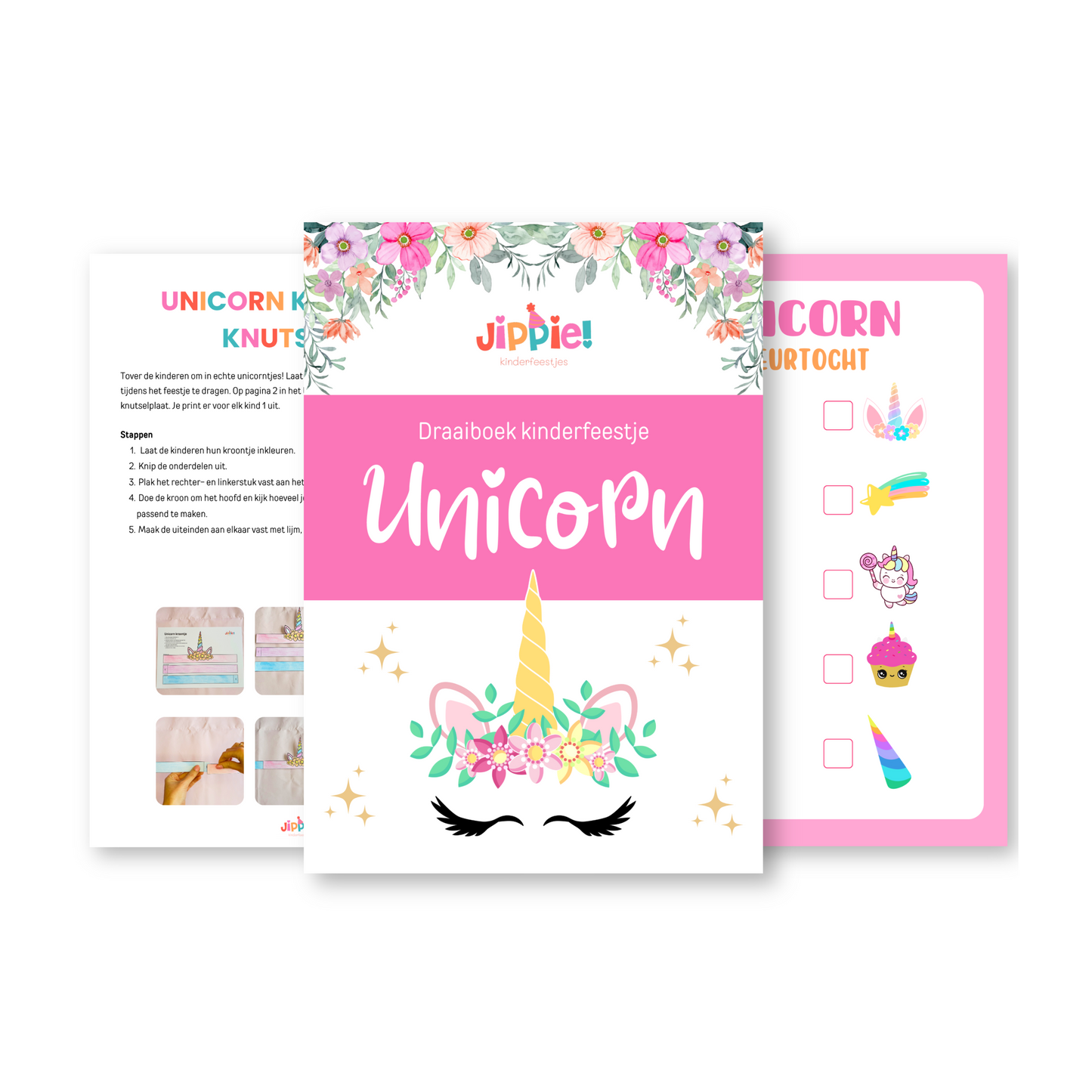3 pagina's uit draaiboek kinderfeestje Unicorn eenhoorn